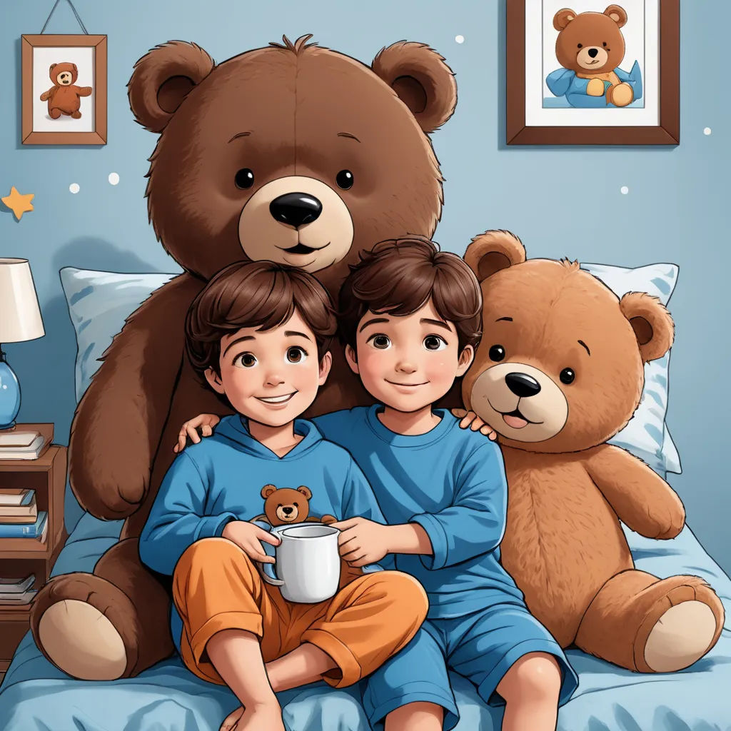 a boy and a girl sitting on a bed with a teddy bear and a mug in front of them, lyco art, a storybook illustration, Diego Gisbert Llorens, storybook illustration