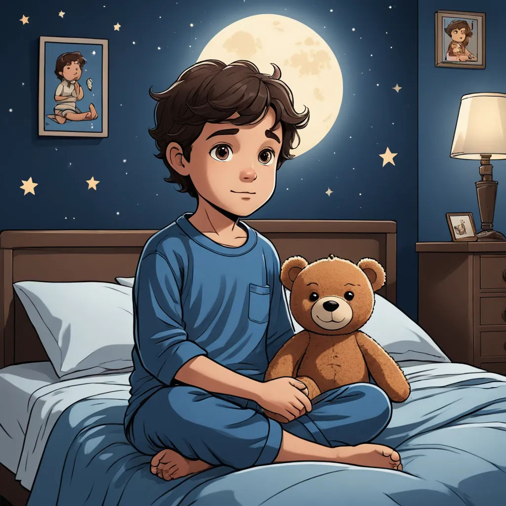 a boy sitting on a bed with a teddy bear in his lap and a picture of a boy on the wall, sots art, a storybook illustration, Diego Gisbert Llorens, storybook illustration