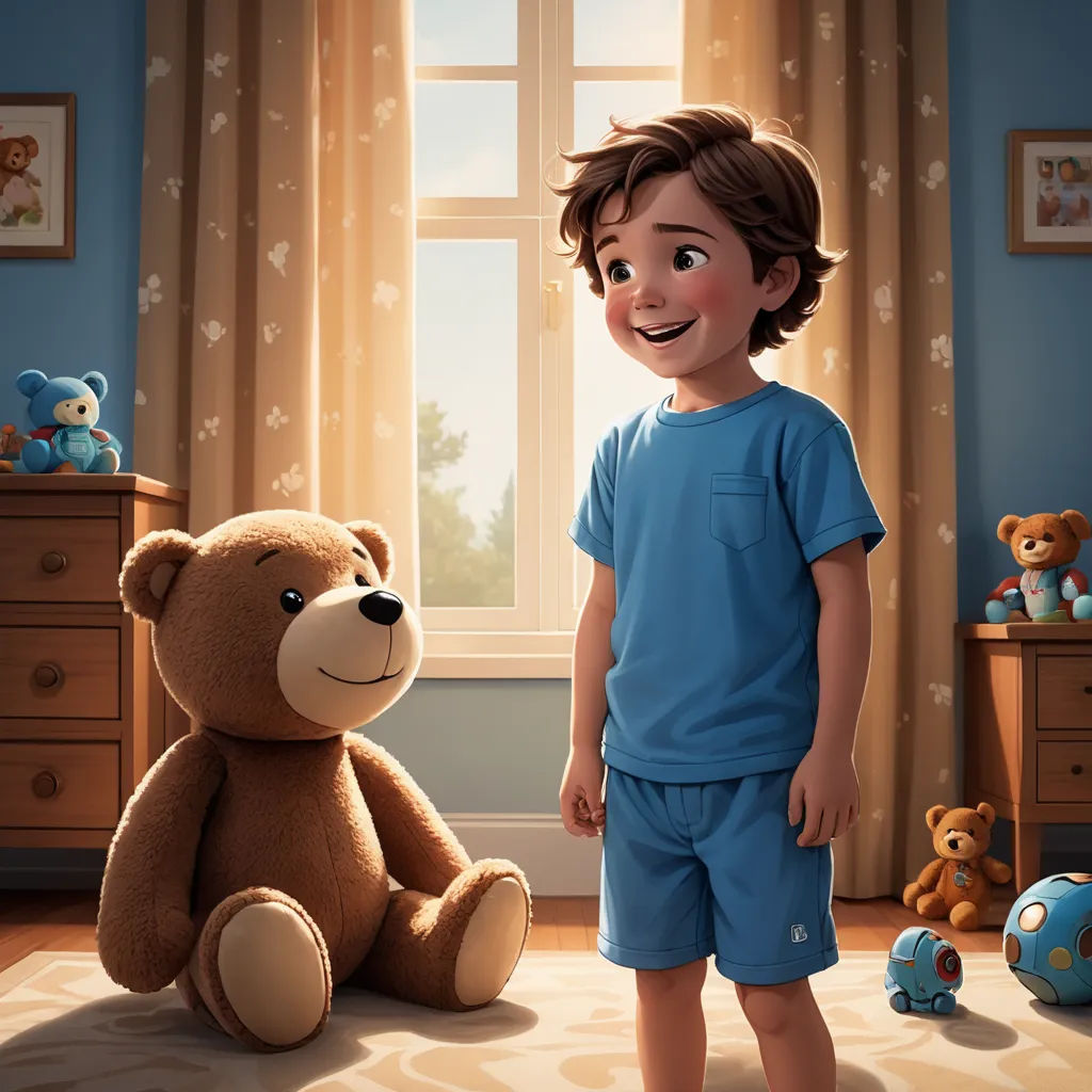 a boy standing next to a teddy bear in a bedroom with a window and a teddy bear on the floor, photorealism, a storybook illustration, Alejandro Burdisio, rossdraws global illumination