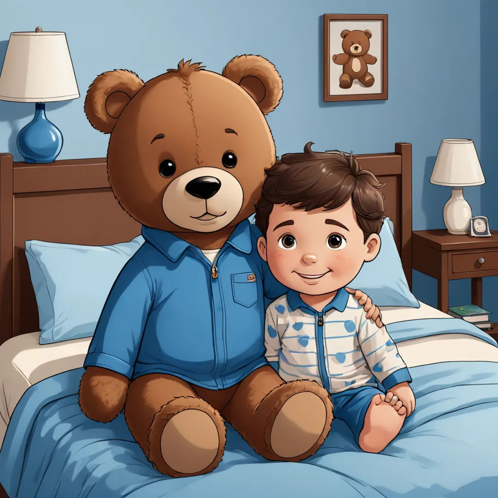 a boy and a teddy bear sitting on a bed together in a bedroom with blue walls and a blue bed cover, sots art, a storybook illustration, Diego Gisbert Llorens, storybook illustration