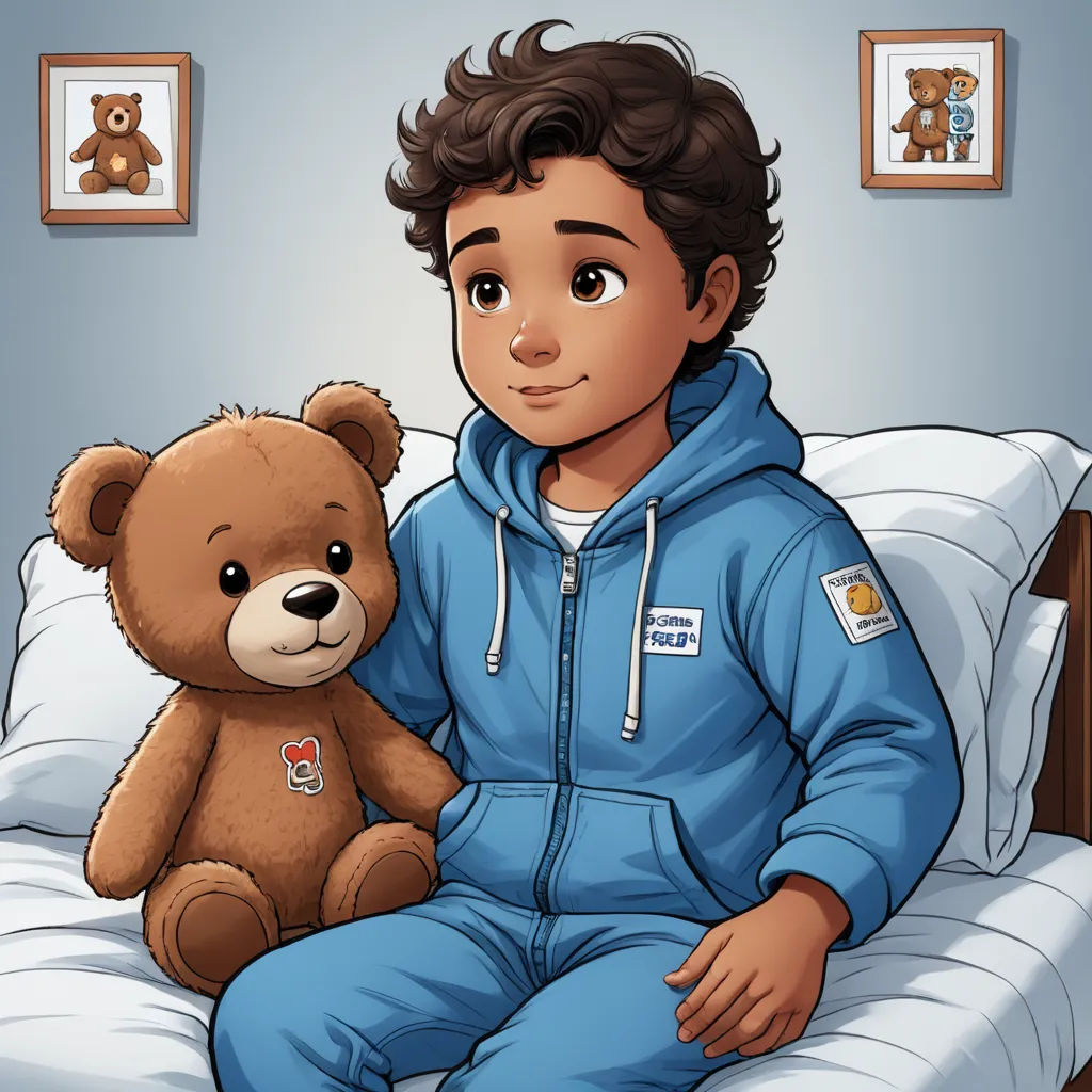 a boy in a blue hoodie sitting on a bed with a teddy bear in his lap and a picture of himself on the wall, sots art, a character portrait, Cedric Seaut (Keos Masons), character portrait