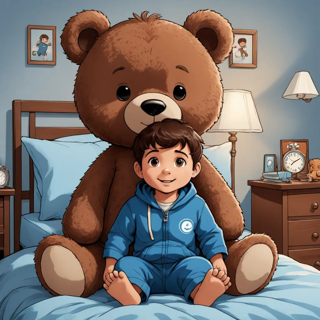 a boy sitting on a bed with a large teddy bear on his head and a large teddy bear on his chest, sots art, a storybook illustration, Diego Gisbert Llorens, storybook illustration