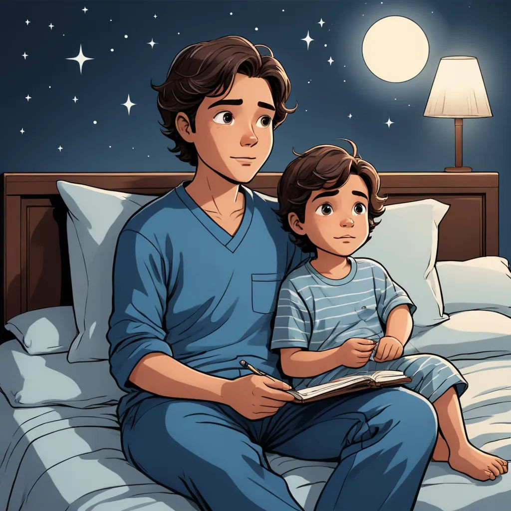 a man and a child sitting on a bed in the night time with a book in their hands and a lamp on the nightstand, space art, a storybook illustration, Cliff Childs, storybook illustration