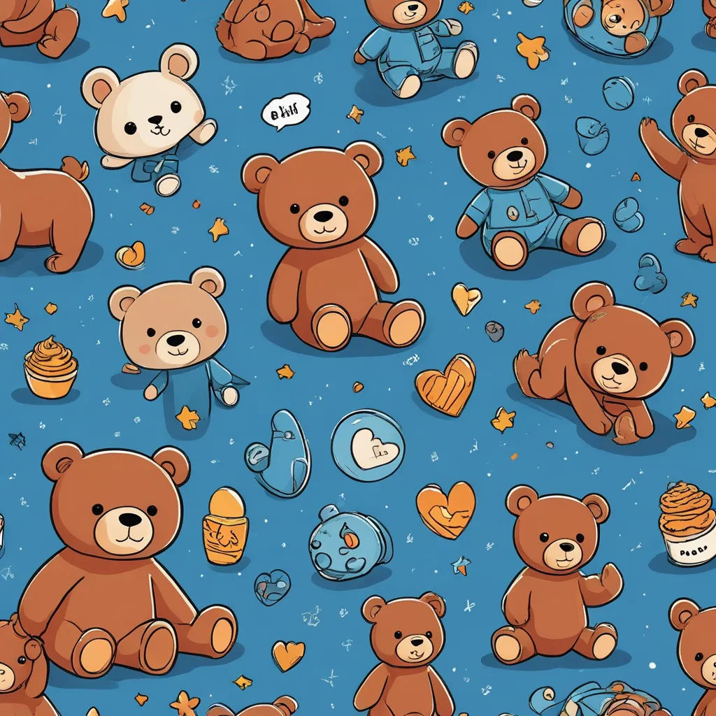 a group of teddy bears sitting on top of a blue floor covered in hearts and stars and stars and hearts, furry art, a detailed drawing, Diego Gisbert Llorens, highly detailed digital art