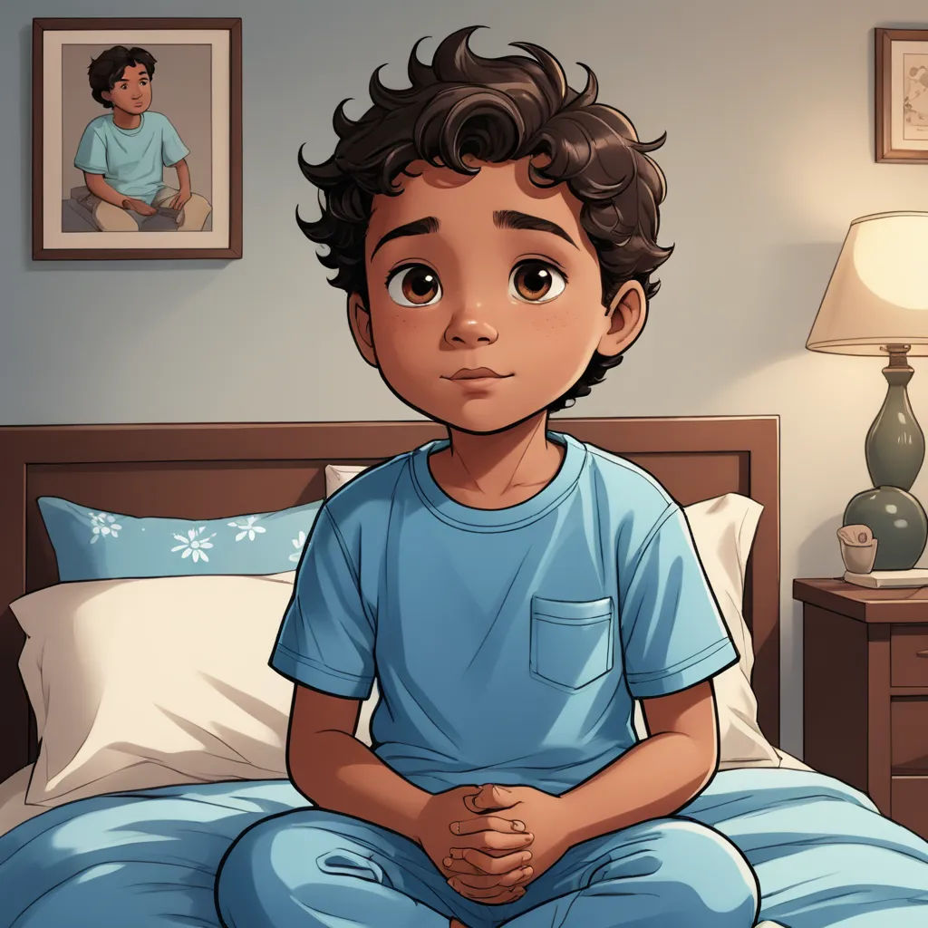 a boy sitting on a bed with a blue shirt on and a picture of him on the wall behind him, sots art, a storybook illustration, Everett Warner, storybook illustration