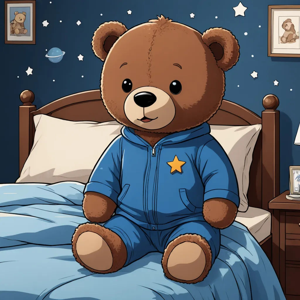 a teddy bear sitting on a bed in a room with a blue wall and a blue blanket and a wooden headboard, sots art, a storybook illustration, Diego Gisbert Llorens, storybook illustration
