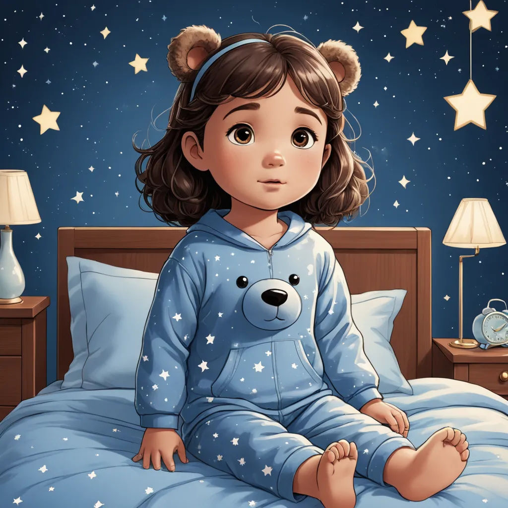 a little girl sitting on a bed with a teddy bear in her pajamas and a night sky background with stars, space art, a storybook illustration, Diego Gisbert Llorens, storybook illustration