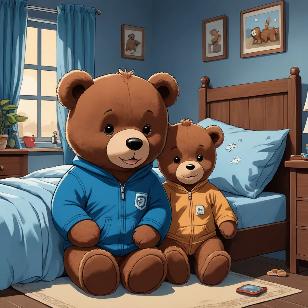 a teddy bear and a baby bear sitting on a bed together in a bedroom with blue walls and blue curtains, furry art, a storybook illustration, Diego Gisbert Llorens, promotional image