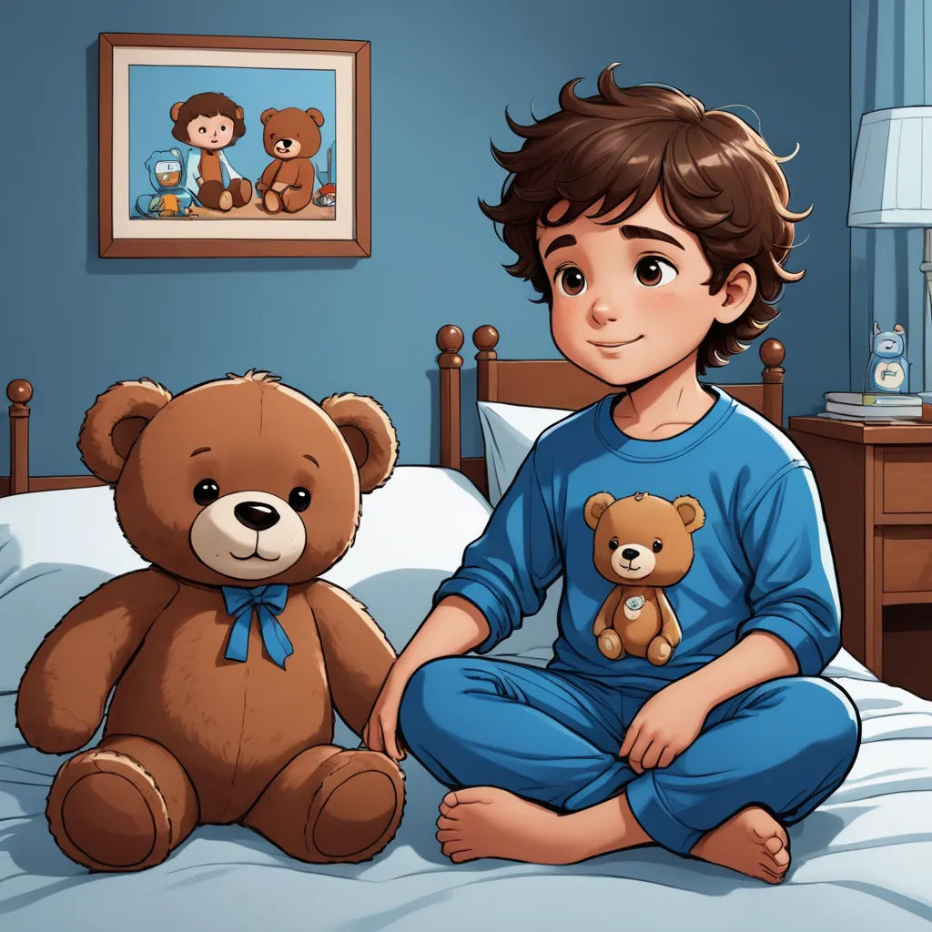 a boy sitting on a bed with a teddy bear in his lap and a picture of a teddy bear on the wall, lyco art, a storybook illustration, Diego Gisbert Llorens, storybook illustration