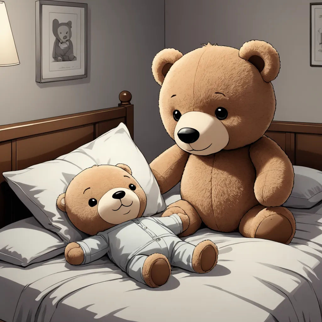 a teddy bear sitting on a bed next to a baby doll on a pillow in a bedroom with a lamp, sots art, a storybook illustration, Art Brenner, official art