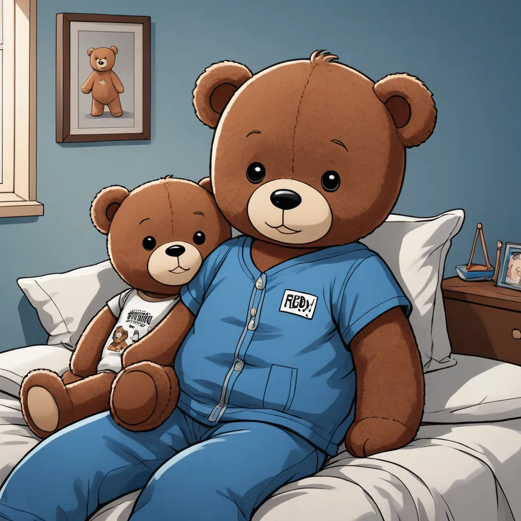 a teddy bear sitting on a bed with a smaller teddy bear sitting on it's back in a room, sots art, a storybook illustration, Cedric Seaut (Keos Masons), official art