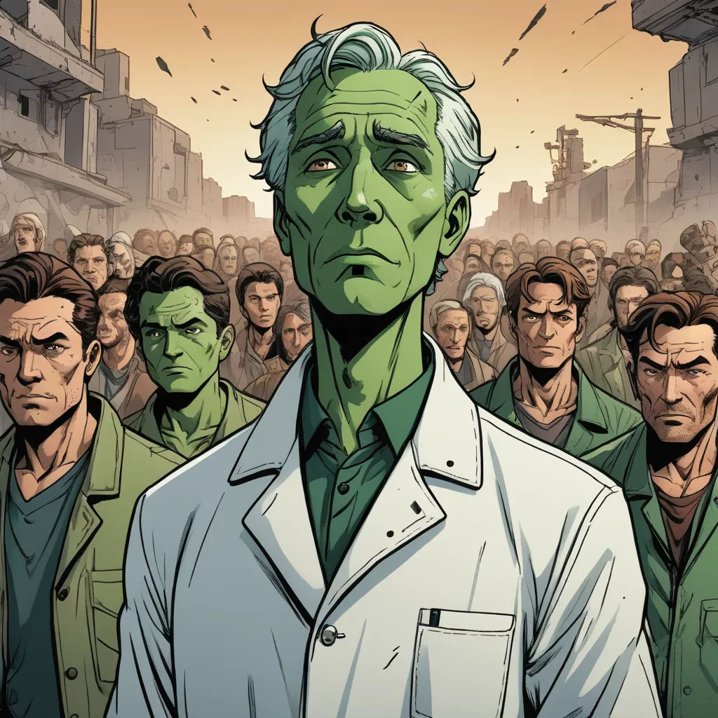 a man in a white lab coat surrounded by a group of men in green shirts and green pants, in a city, nuclear art, a comic book panel, Asaf Hanuka, laurie greasley