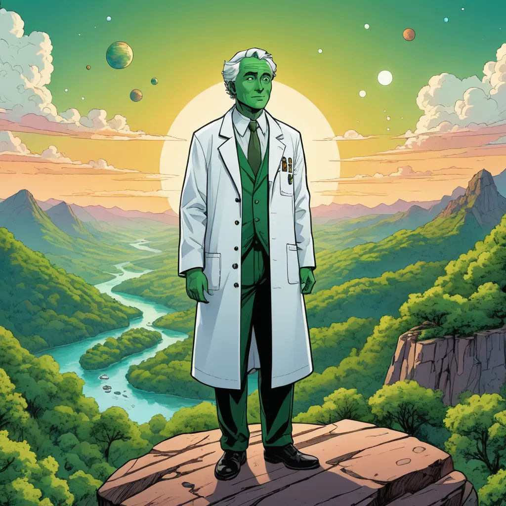 a man in a white coat standing on a cliff with a river and mountains in the background and a green sky, space art, a character portrait, Dean Roger, comic cover art