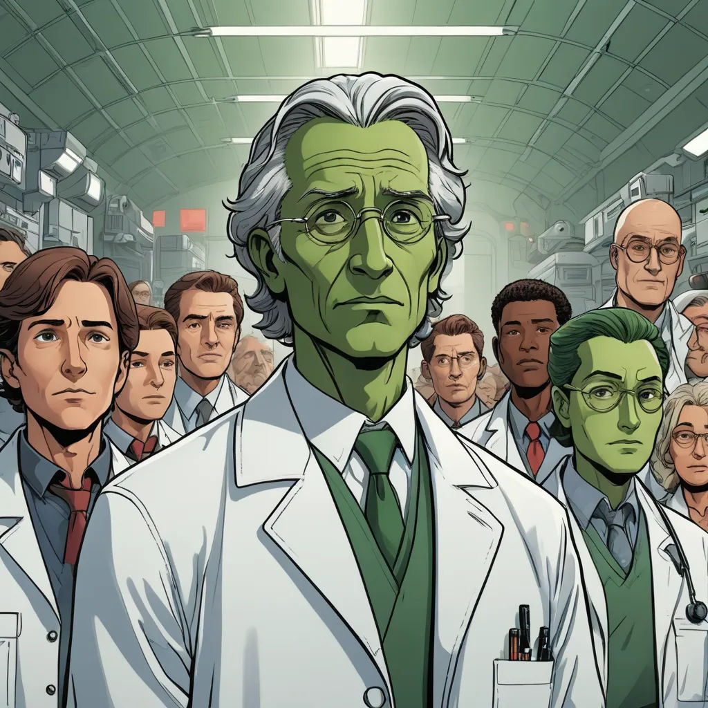 a group of people in lab coats standing in a room with a green man in the middle of the room, serial art, a comic book panel, Brothers Hildebrandt, graphic novel