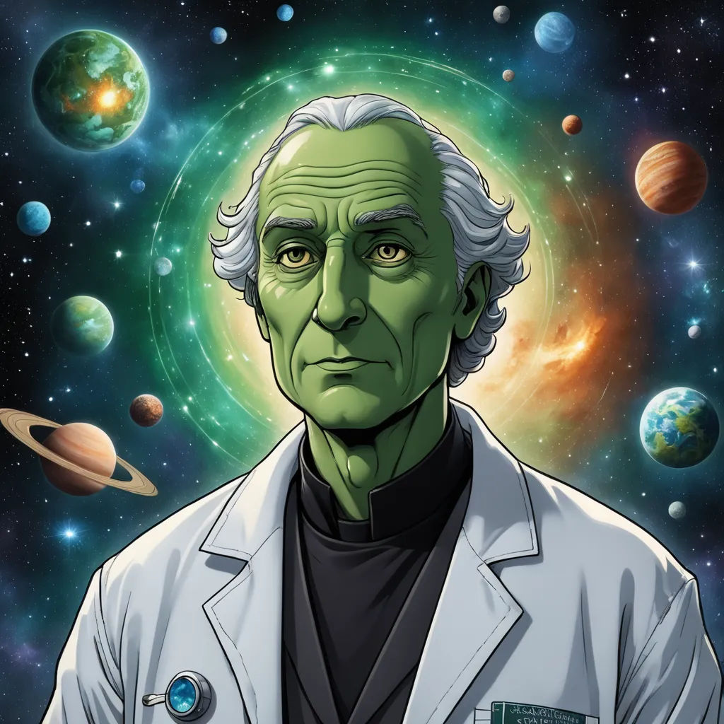 a cartoon of a man in a lab coat with planets around him and a green alien in the background, space art, a character portrait, Dean Roger, official art