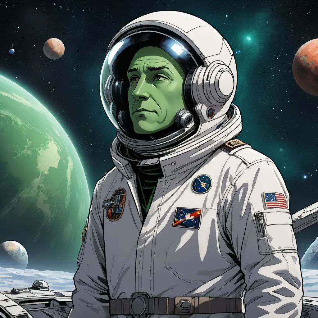 a man in a space suit standing in front of a planet with a red and blue background and a red and white space shuttle, space art, a character portrait, Doug Wildey, promotional image