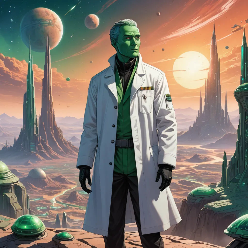 a man in a white coat standing in front of a futuristic landscape with planets and stars in the background, space art, concept art, Edgar Ainsworth, comic cover art