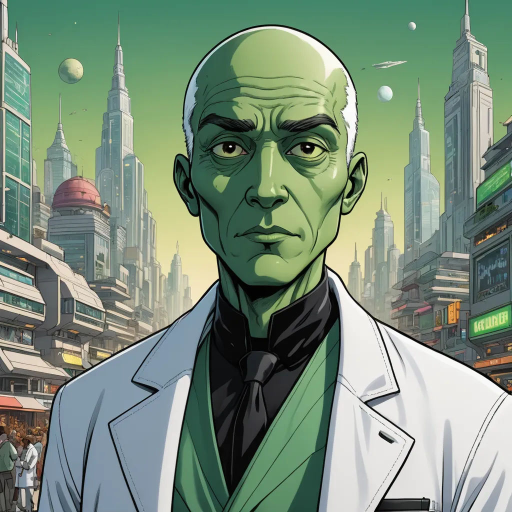 a man in a suit and tie standing in front of a cityscape with a green - skinned face, samikshavad, a character portrait, Dr. Atl, character portrait