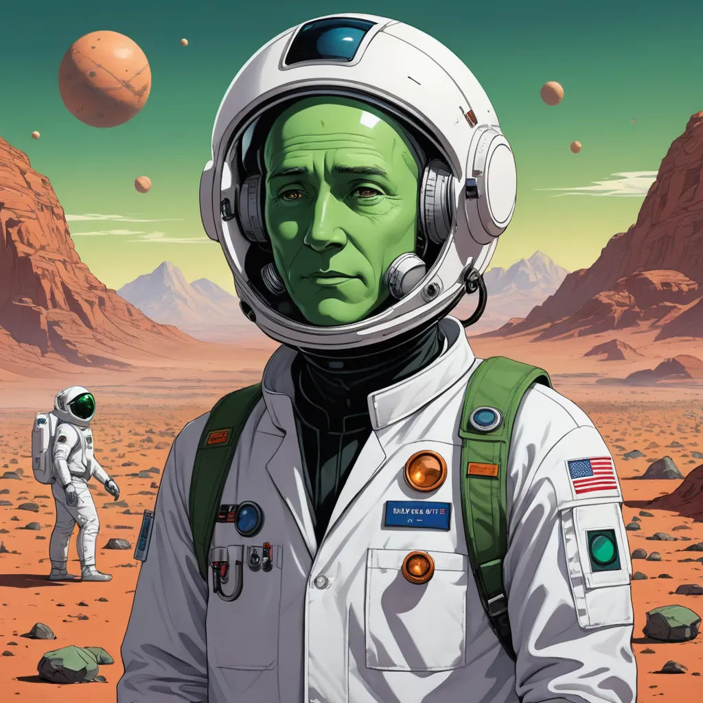 a man in a space suit standing in the desert with a planet in the background and a man in a space suit standing in front of him, space art, a detailed matte painting, David B. Mattingly, tristan eaton