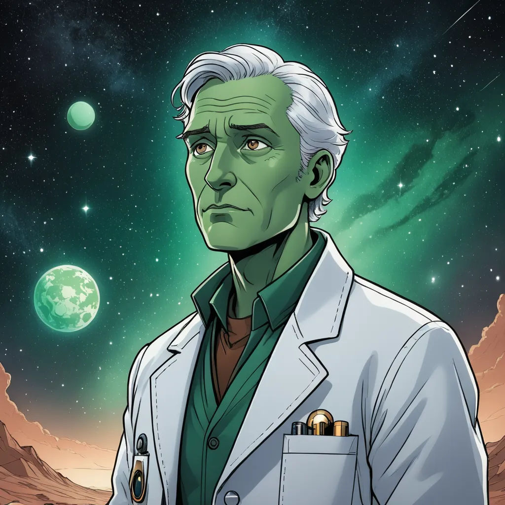 a man in a white jacket and green shirt standing in front of a mountain and a green planet with stars, space art, a character portrait, Dean Roger, character portrait