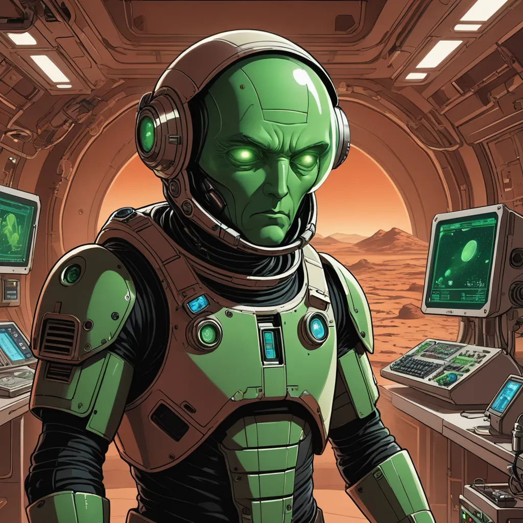 a green alien in a space station with computers and monitors on the desks and a man in a space suit, space art, a character portrait, Doug Wildey, laurie greasley