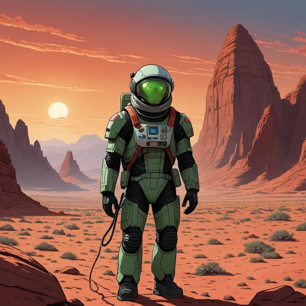 a man in a space suit standing in the desert at sunset with a dog in his hand and a mountain in the background, space art, concept art, Asaf Hanuka, laurie greasley