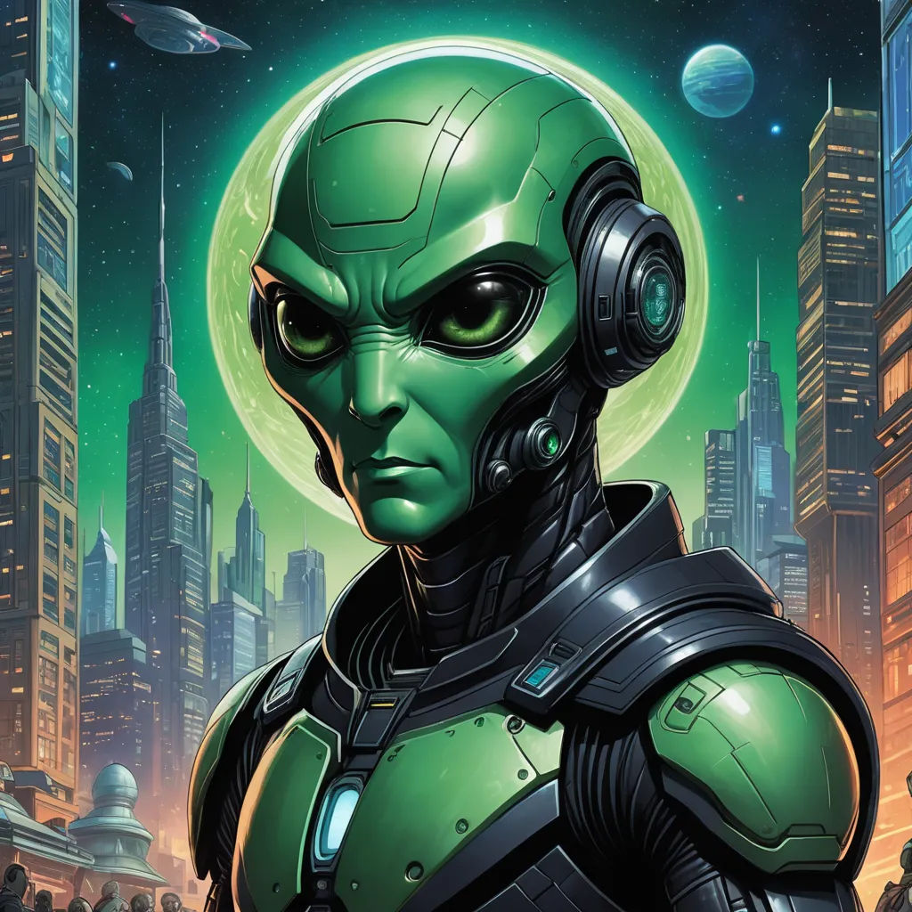 a green alien with headphones on in a city at night with a full moon in the background and a cityscape in the foreground, antipodeans, a character portrait, Altichiero, comic cover art