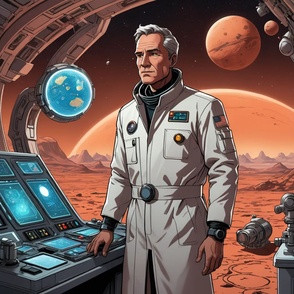 a man in a space suit standing in front of a computer screen and a space station with a planet in the background, space art, a character portrait, Allan Brooks, laurie greasley