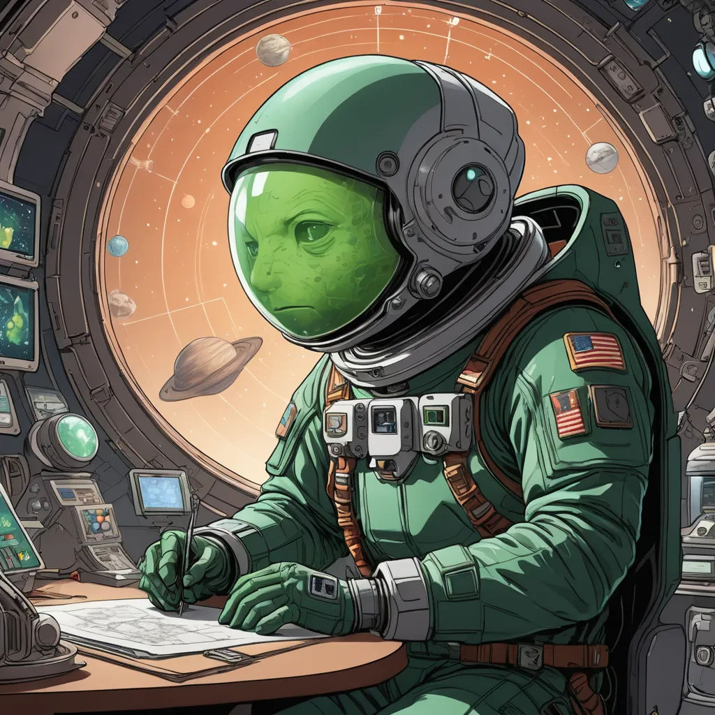 a cartoon of a man in a space suit sitting at a desk with a laptop and a notebook in front of him, space art, computer graphics, Chris LaBrooy, highly detailed digital painting
