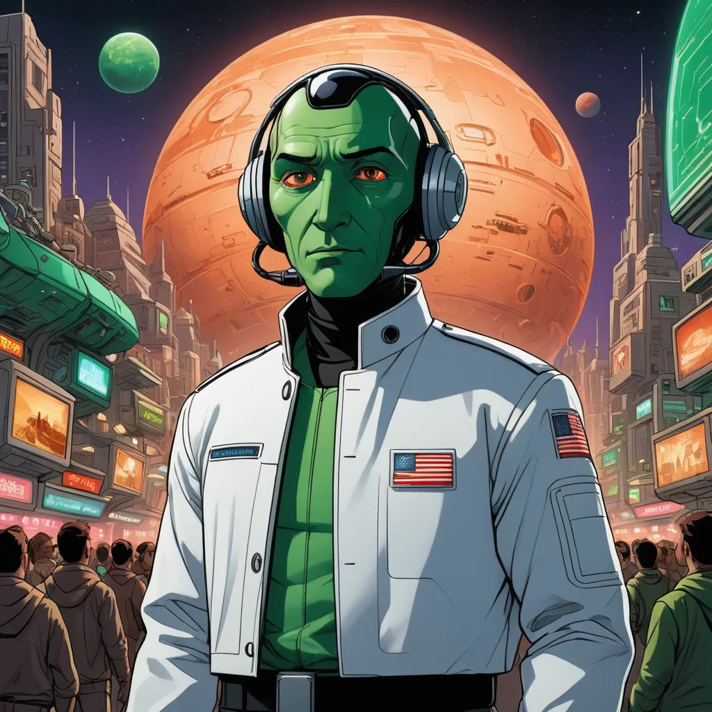 a man in a white jacket and headphones standing in front of a planet with a red moon in the background, retrofuturism, a character portrait, Chip Zdarsky, comic cover art