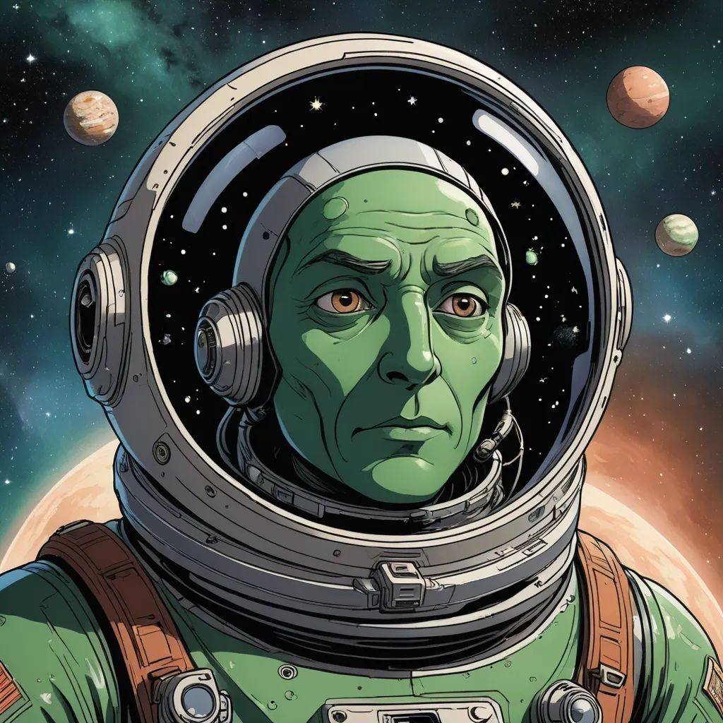 a man in a space suit with a camera in his hand and planets in the background, with a green man in a space suit, space art, a character portrait, Diego Gisbert Llorens, comic cover art