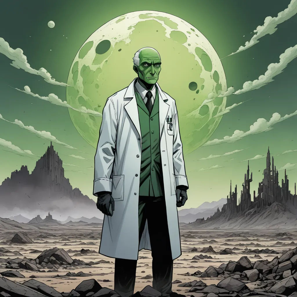 a man in a trench coat standing in front of a full moon and a castle in the background with a green glow, neoplasticism, a character portrait, Alan Davis, comic cover art
