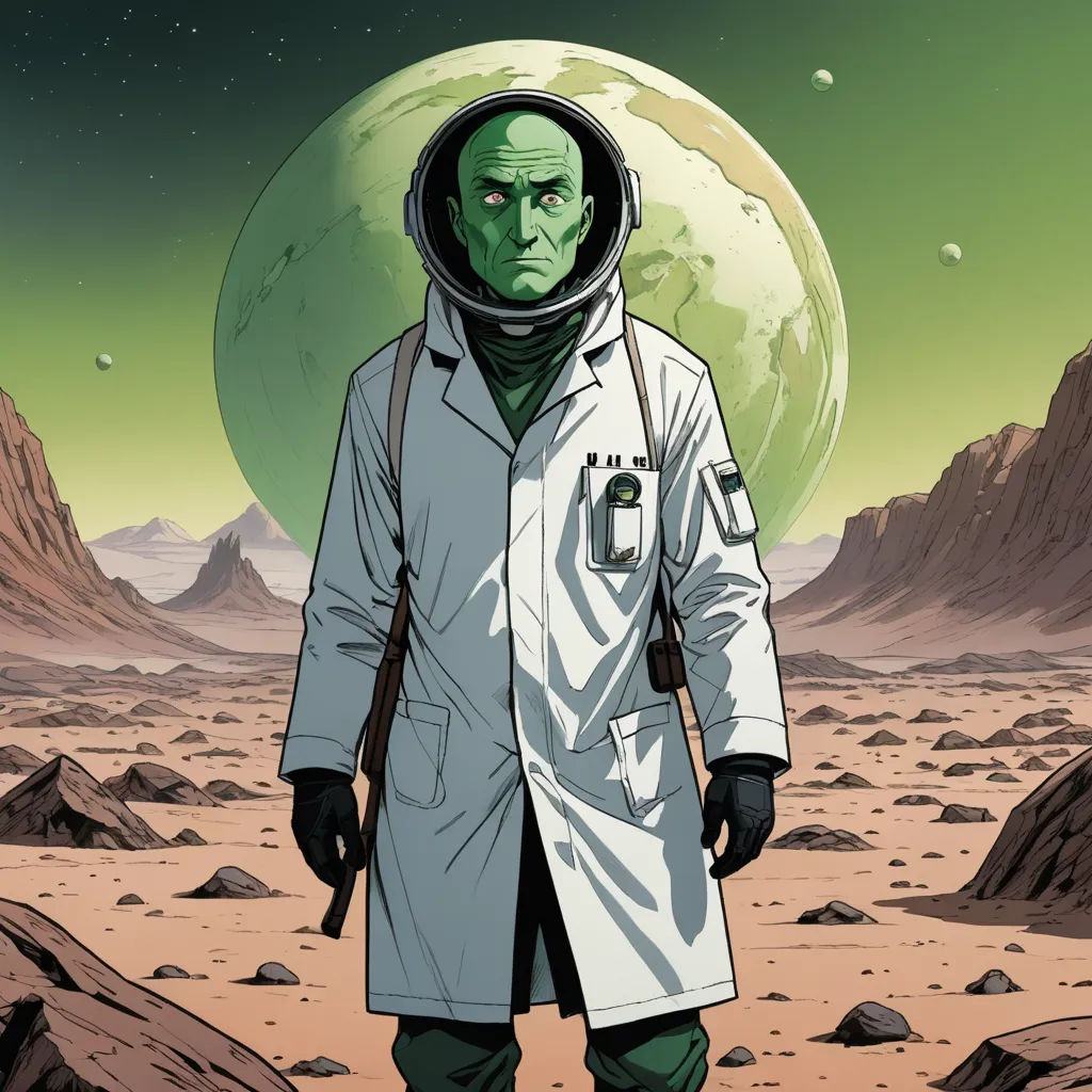 a man in a white coat and a green alien in a desert landscape with a planet in the background, space art, a character portrait, Asaf Hanuka, laurie greasley