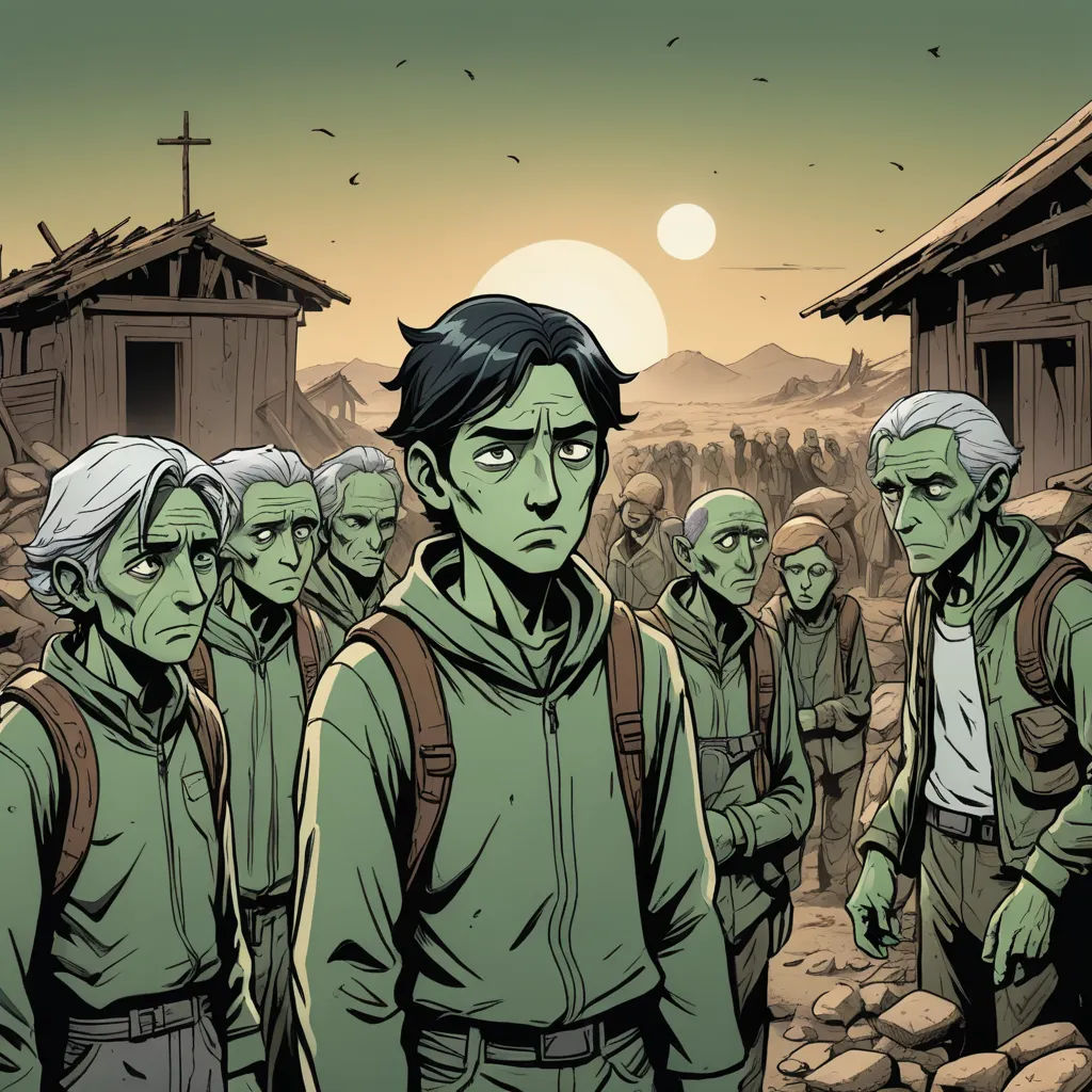 a group of people standing in front of a building with a sun in the background and a person with a backpack on, antipodeans, a comic book panel, Asaf Hanuka, comic cover art