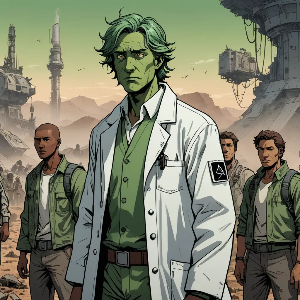 a group of people standing in front of a space station with a man in a white coat and green shirt, afrofuturism, a comic book panel, Doug Wildey, laurie greasley