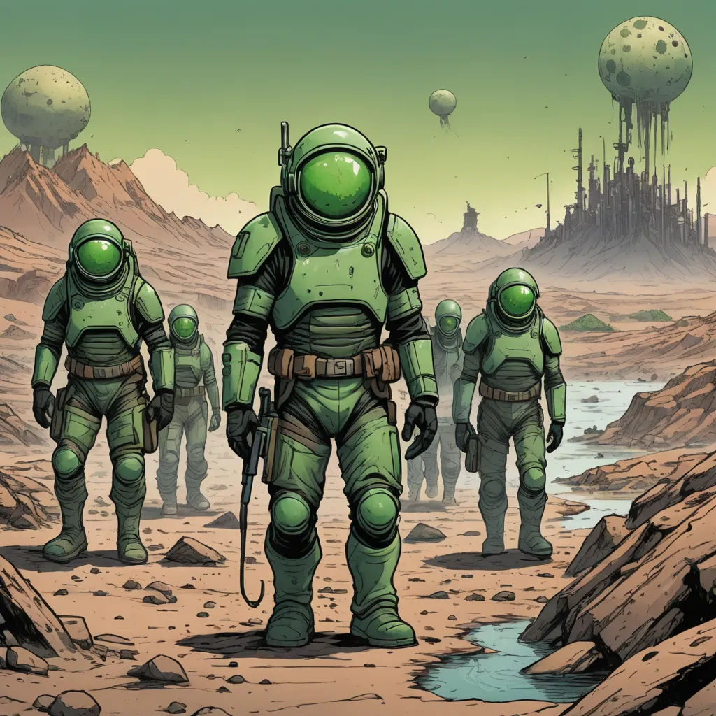 a group of people in space suits walking through a desert area with a castle in the background and a stream of water, antipodeans, concept art, Dan Mumford, comic cover art