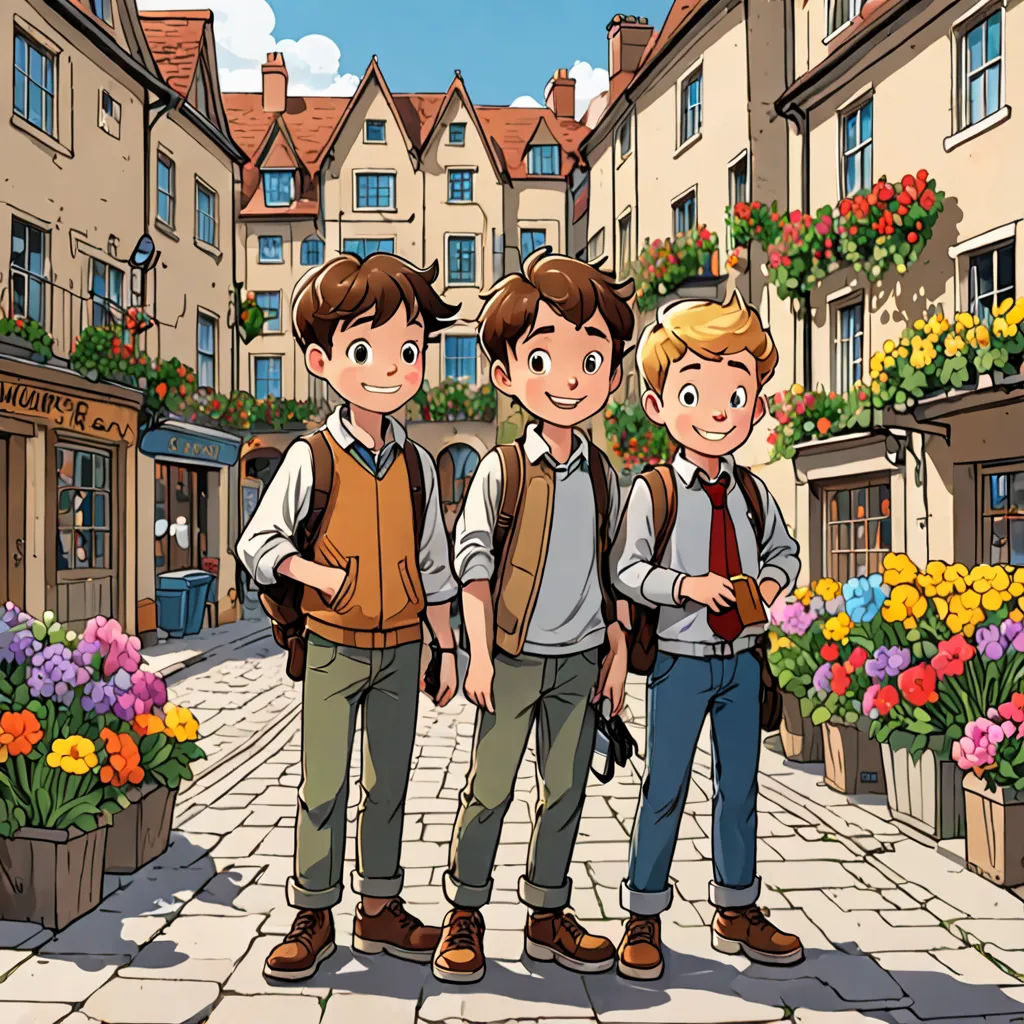 three boys standing in front of a flower shop in a town square with flowers in the background and a street with flowers, lyco art, a storybook illustration, Brothers Hildebrandt, official art