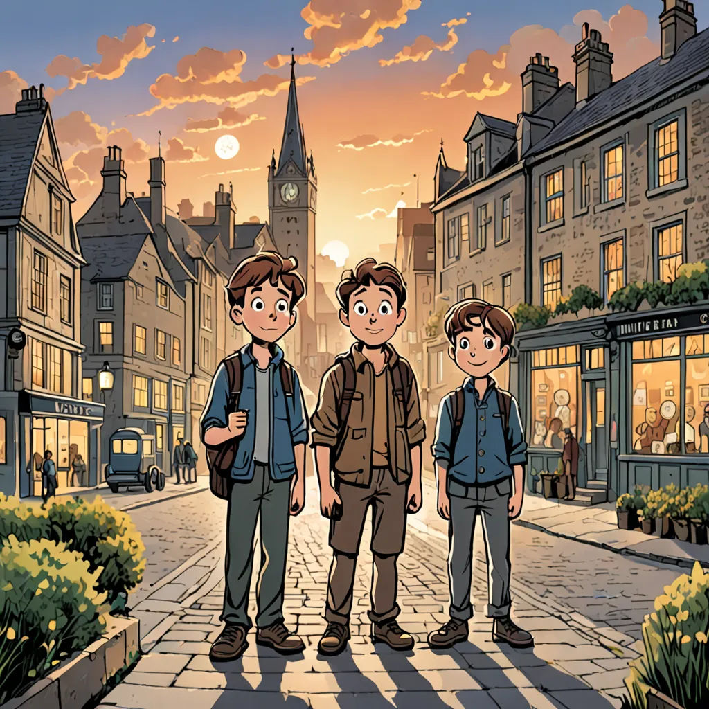 three boys standing in a street with a clock tower in the background and a sunset in the background, with a person standing in the foreground, private press, a comic book panel, Brothers Hildebrandt, comic cover art