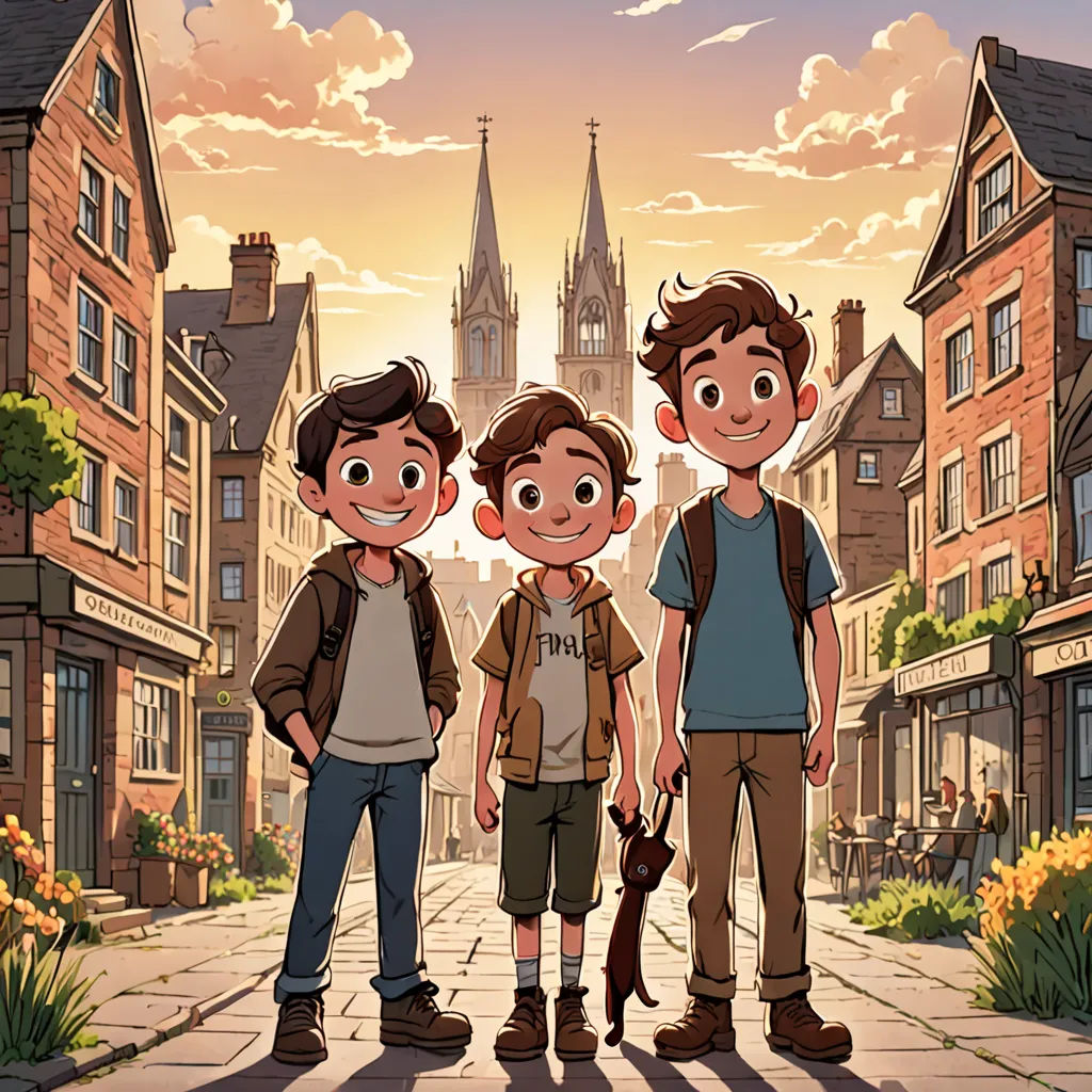 three boys standing in front of a street with a church in the background and a clock tower in the distance, paris school, a poster, Diego Gisbert Llorens, key art