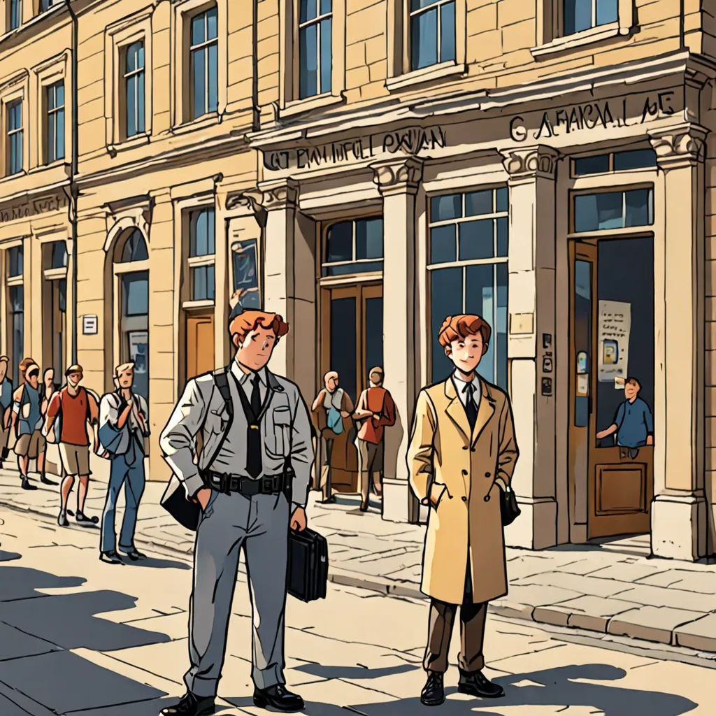 a group of people standing on a sidewalk next to a building with a man in a suit and tie, ashcan school, a comic book panel, Alasdair Gray, edward hopper and james gilleard