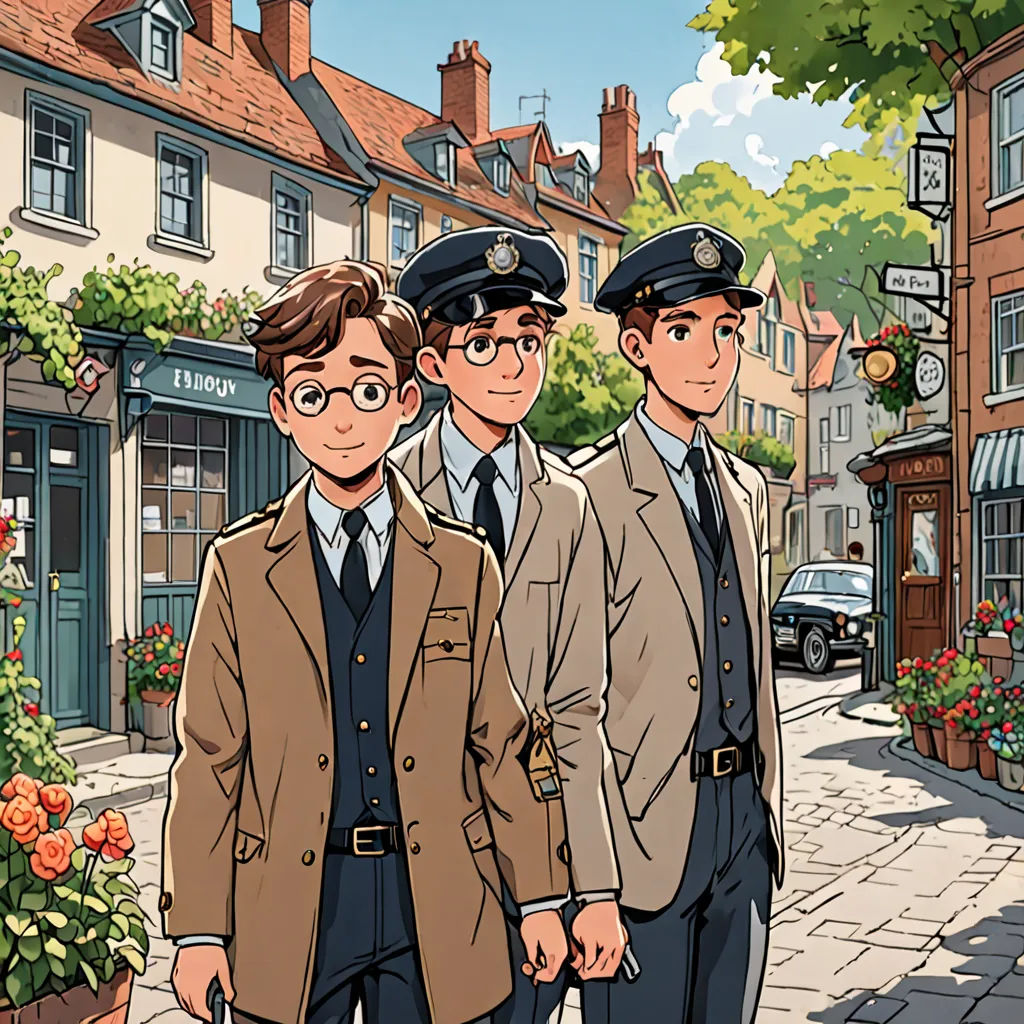 three men in suits and ties standing in front of a building on a street with flowers and a car, serial art, a comic book panel, Brothers Hildebrandt, official art