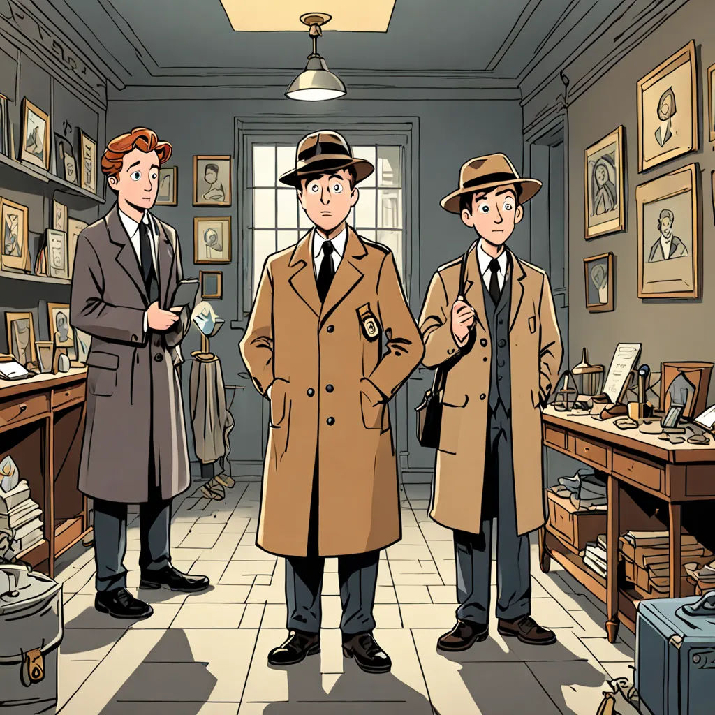 three men in coats and hats standing in a room with a desk and a suitcase on the floor and a wall with pictures on it, private press, a comic book panel, Diego Gisbert Llorens, official art