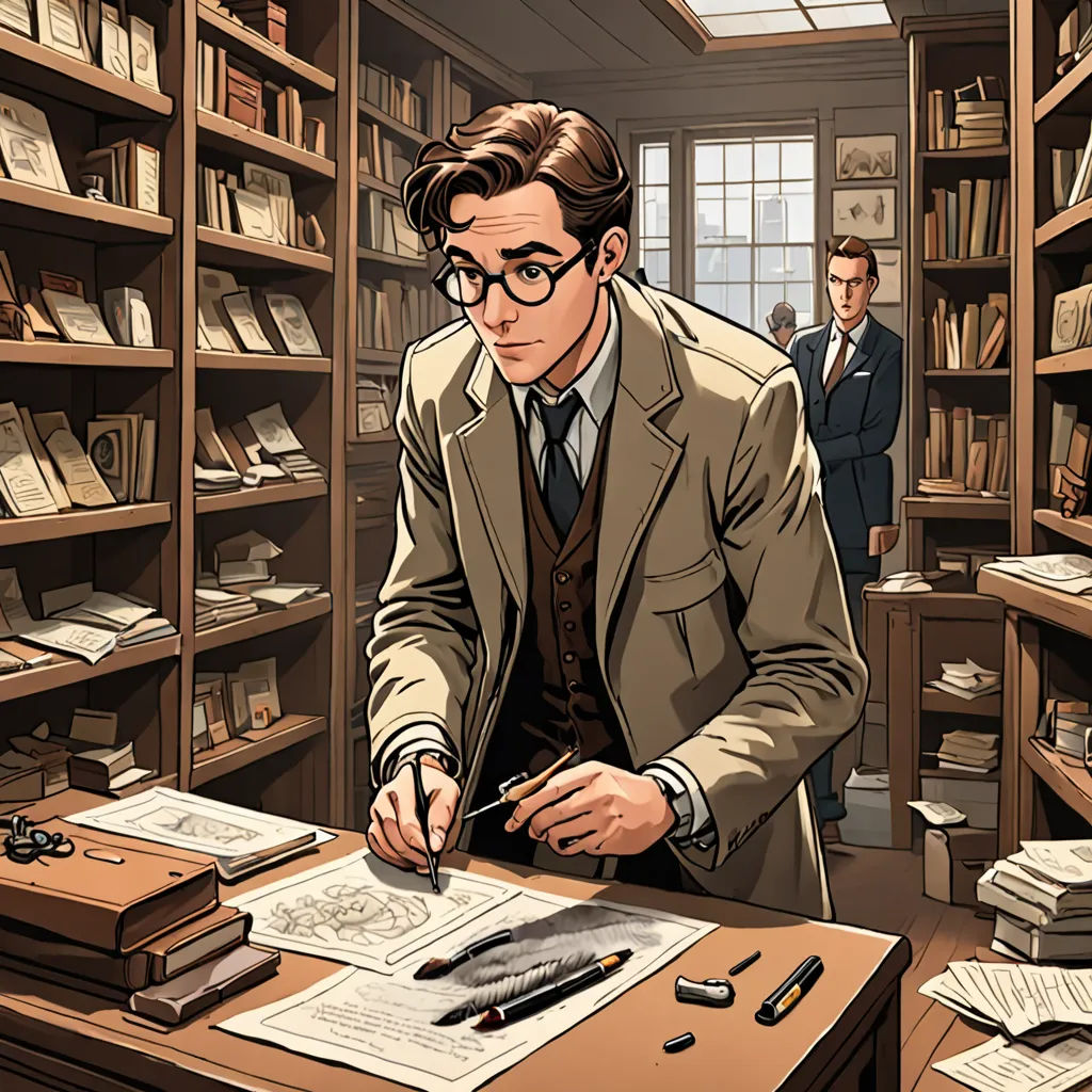 a man in a suit and glasses is looking at a book in a library with a desk and bookshelves, new objectivity, a comic book panel, Colin Middleton, graphic novel