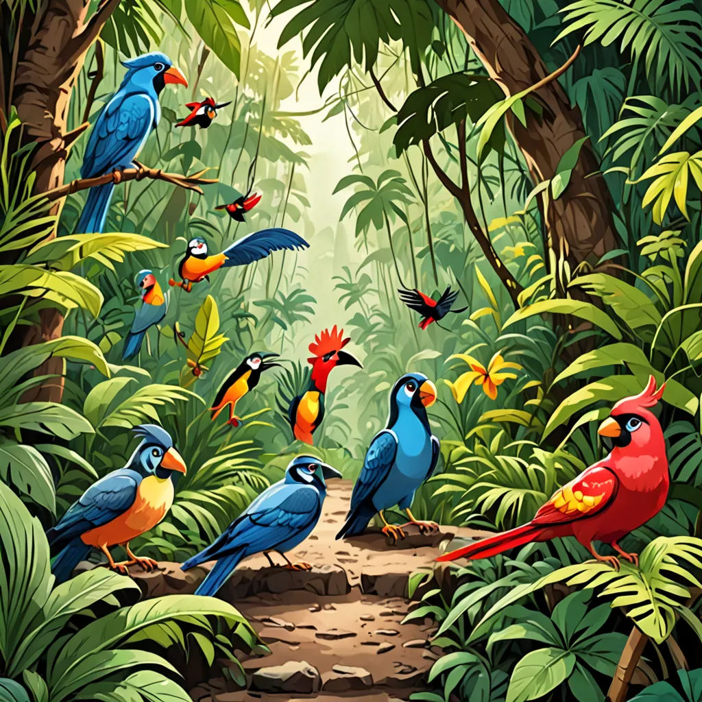 a painting of a jungle with many colorful birds flying around the trees and plants and a path leading to the forest, primitivism, a storybook illustration, Chris LaBrooy, birds