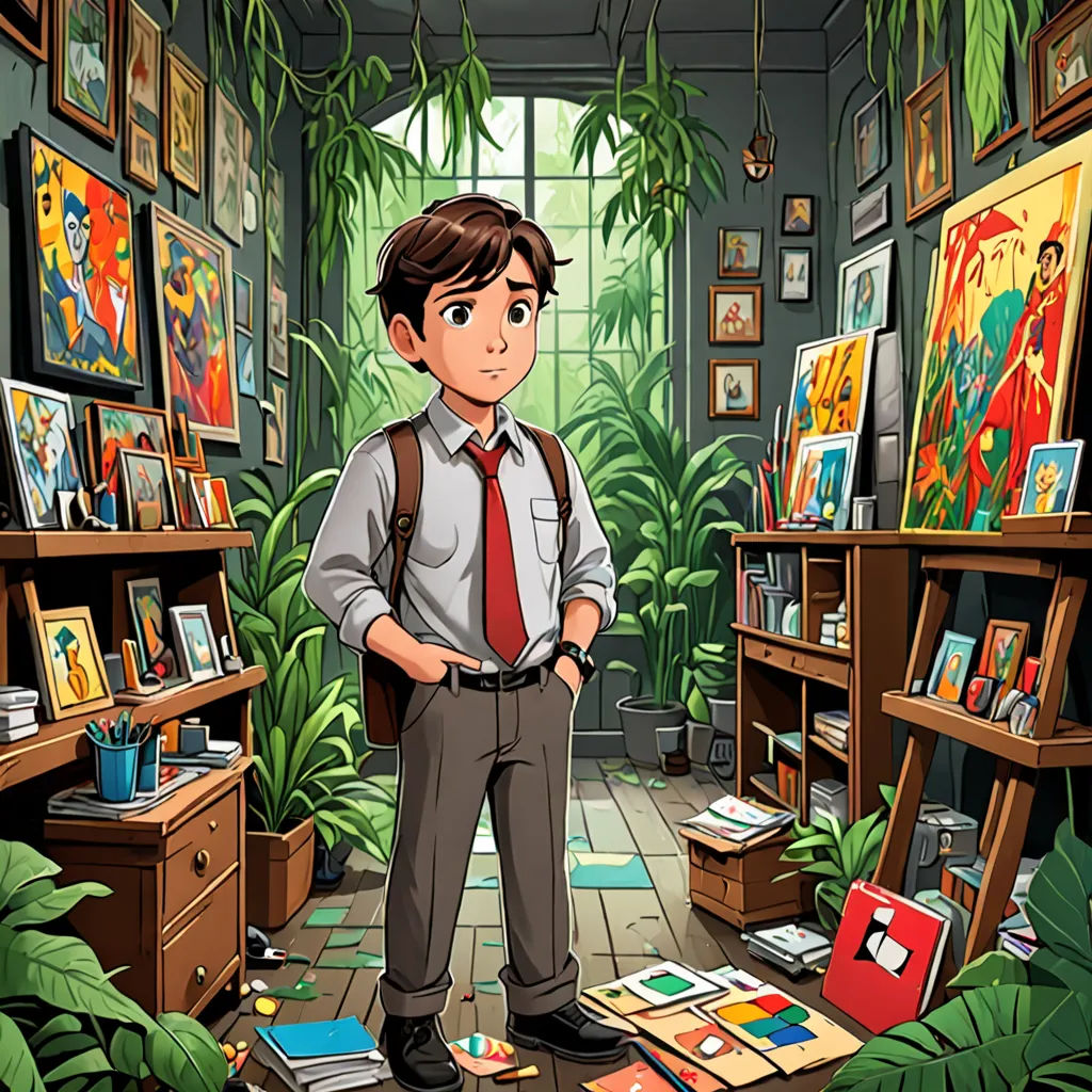 a man standing in a room with a lot of paintings on the walls and a lot of books on the floor, bengal school of art, poster art, Cliff Childs, official art
