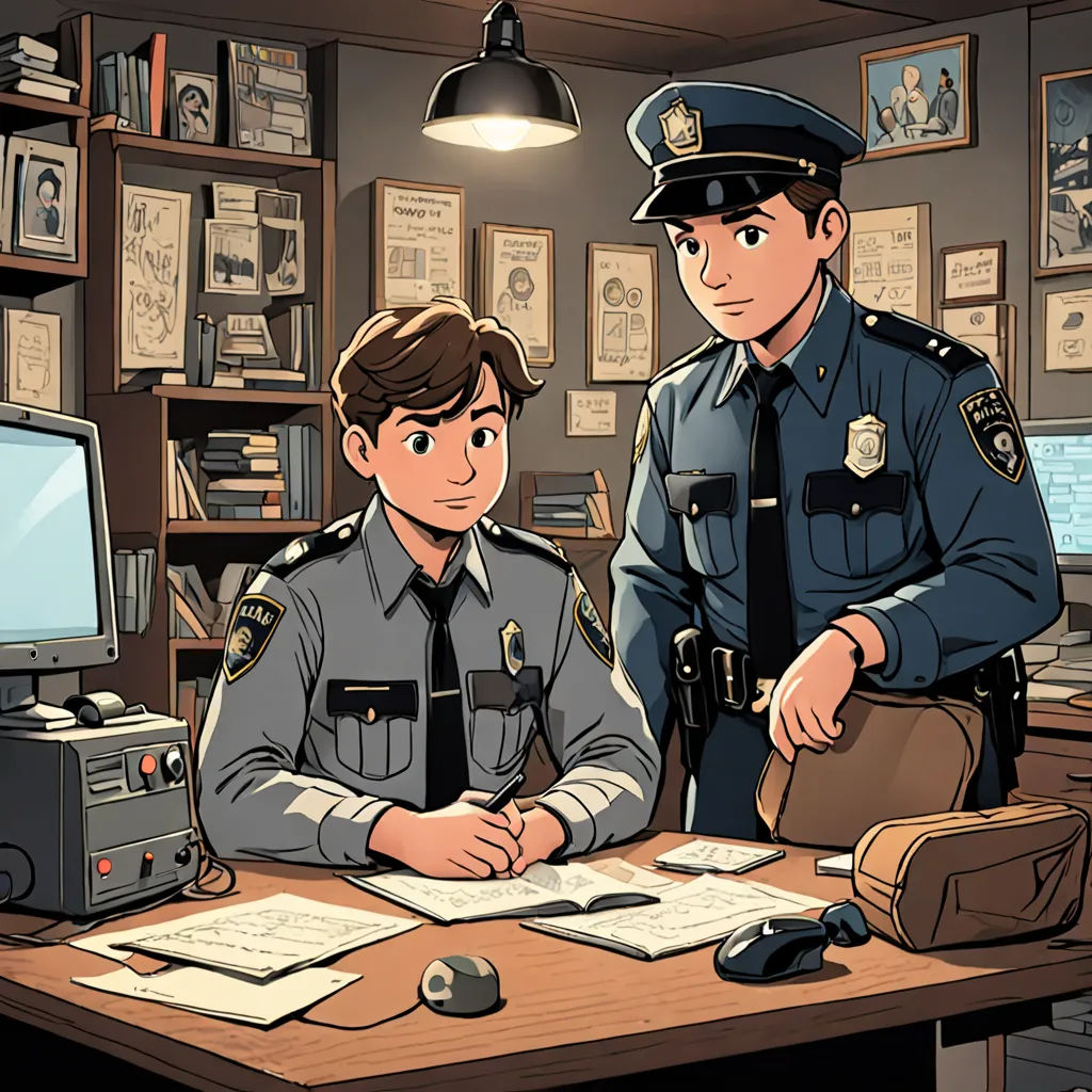 a cop and a boy sitting at a desk in a room with a computer and a monitor on it, serial art, a comic book panel, Brothers Hildebrandt, official art