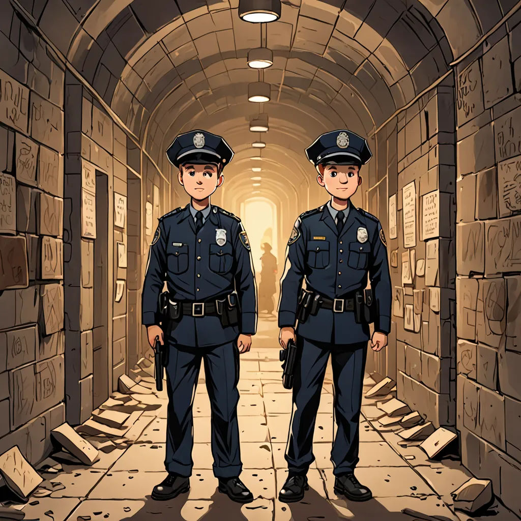 two police officers standing in a tunnel with books on the floor and a man standing in the doorway behind them, underground comix, a comic book panel, Dan Mumford, graphic novel