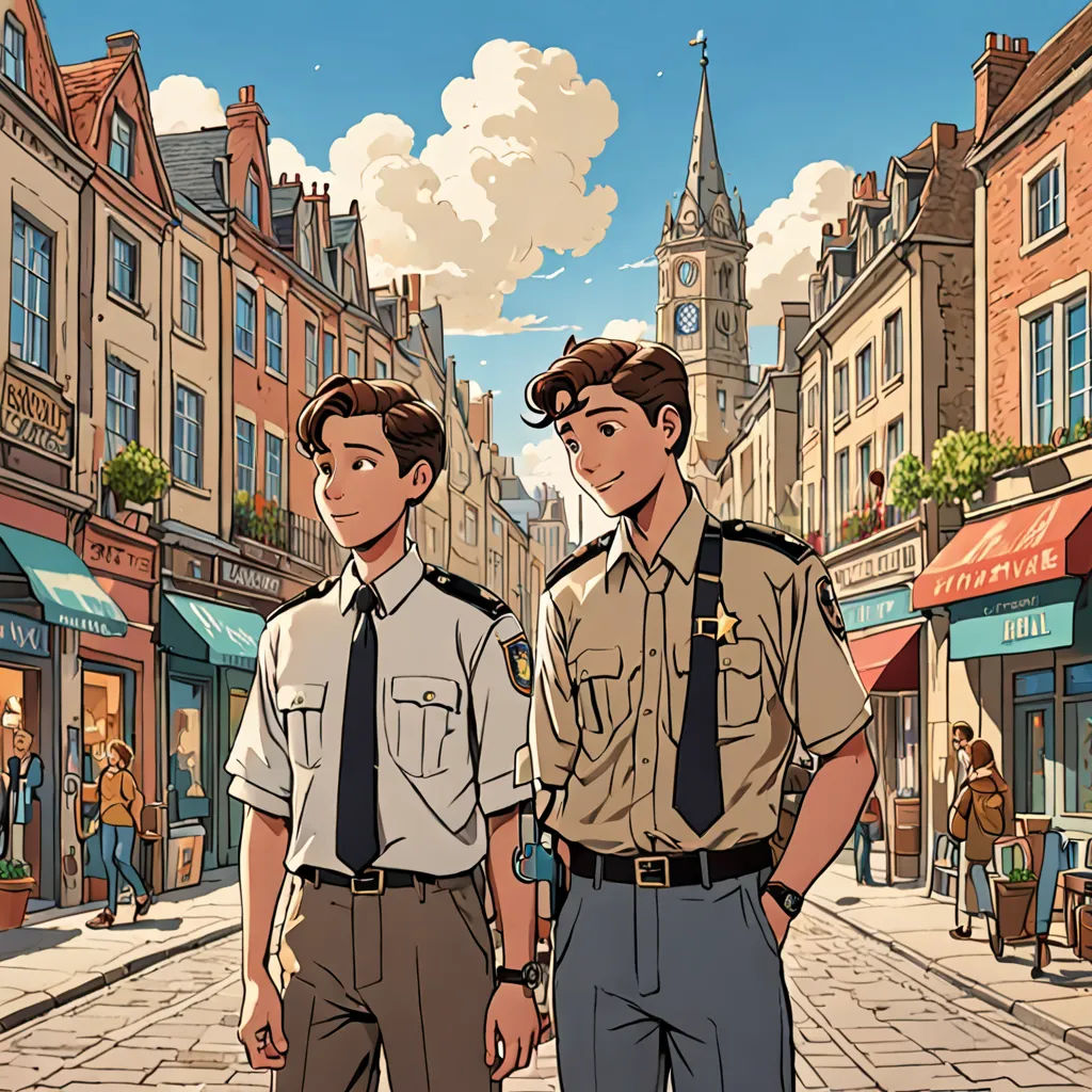two men in uniforms standing on a street in front of a building with a clock tower in the background, paris school, a comic book panel, Cedric Seaut (Keos Masons), kinkade