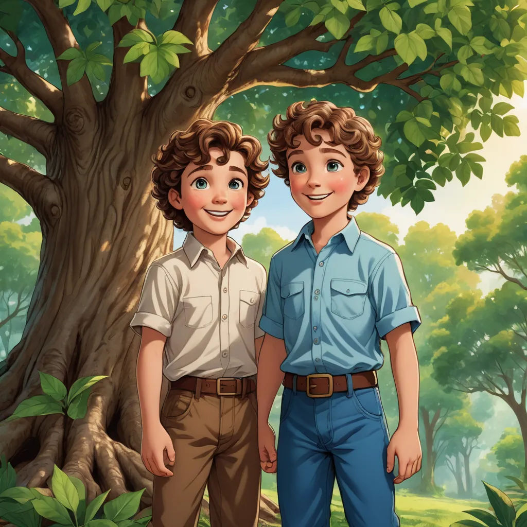 a boy and a boy standing in front of a tree in a forest with a boy looking at the camera, les automatistes, a storybook illustration, Brothers Hildebrandt, official art