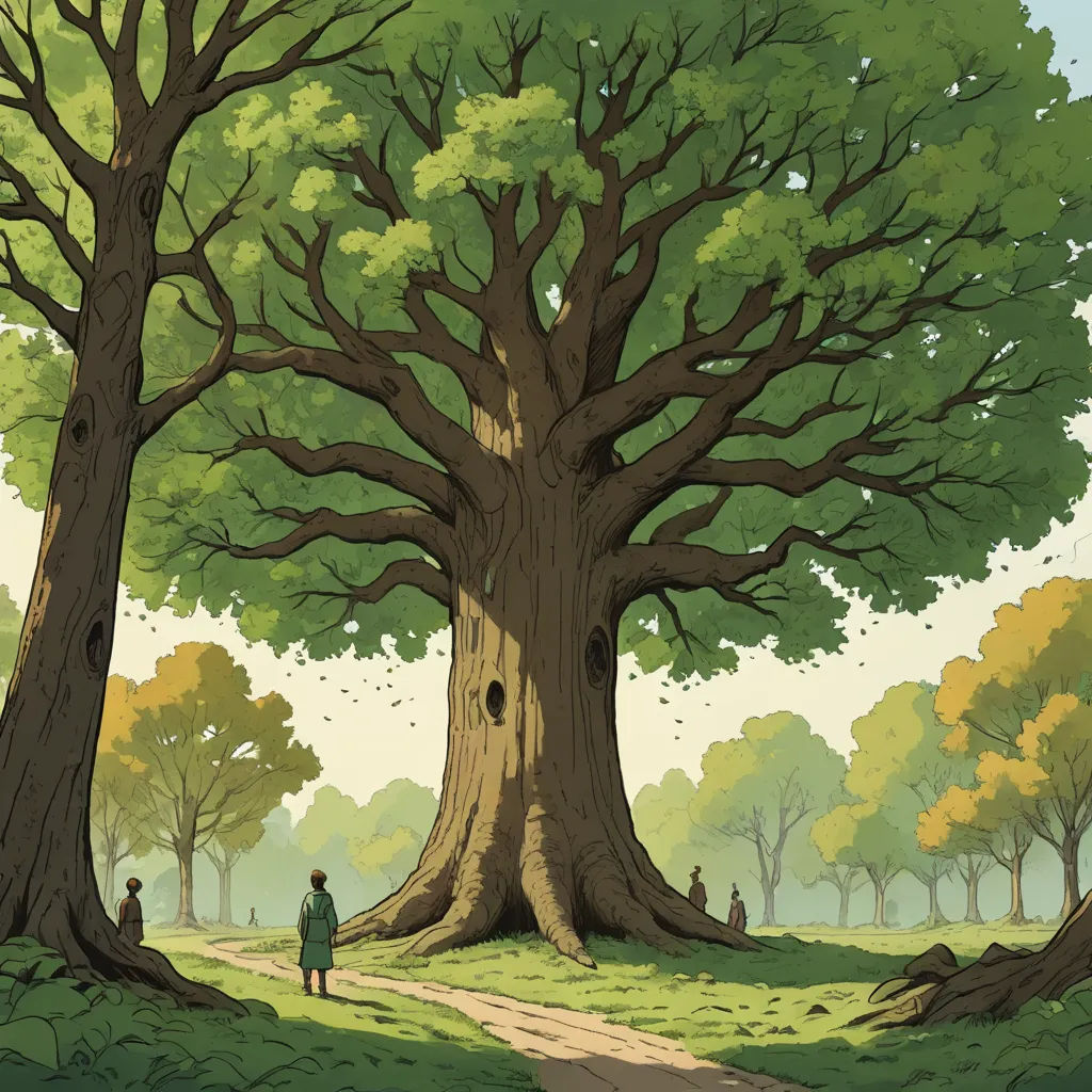 a man walking down a dirt road next to a large tree in a forest with a man standing next to it, environmental art, a storybook illustration, Chris LaBrooy, trees
